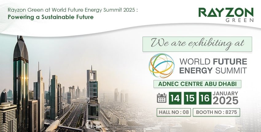 Rayzon Green showcasing solar EPC innovations at World Future Energy Summit 2025, Booth 8275, focusing on sustainability and advanced solar technology.